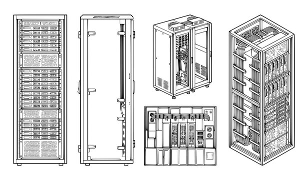 Data center outline icons in front side and perspective server infrastructure vector set