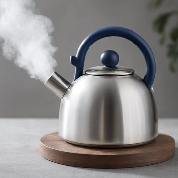 Modern stainless steel tea kettle with blue handle emitting hot steam on wooden trivet