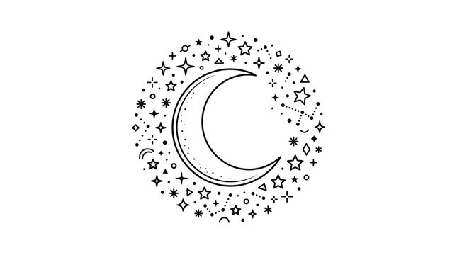 Elegant crescent moon surrounded by stars and dots design.