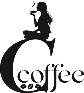 Coffee logo design with silhouette of a woman drinking coffee