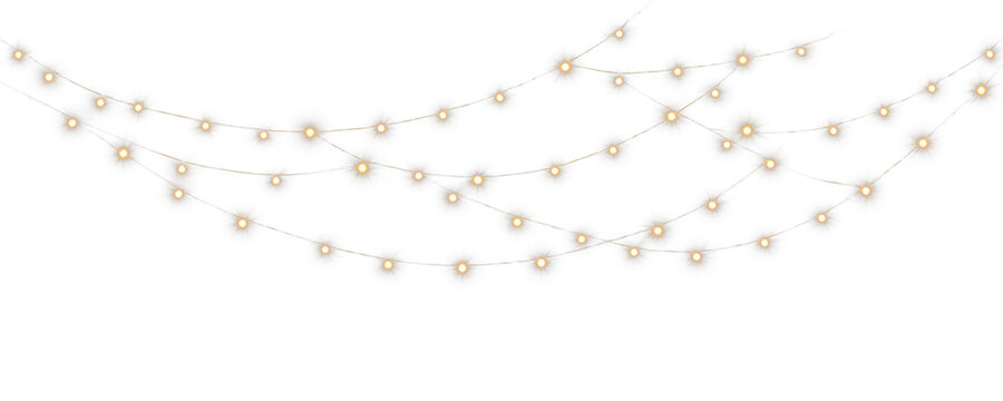 Bokeh fairy lights golden hanging strands transparent overlay, on transparent background