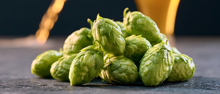 Brewing ingredient hop cones with natural texture, warm lighting