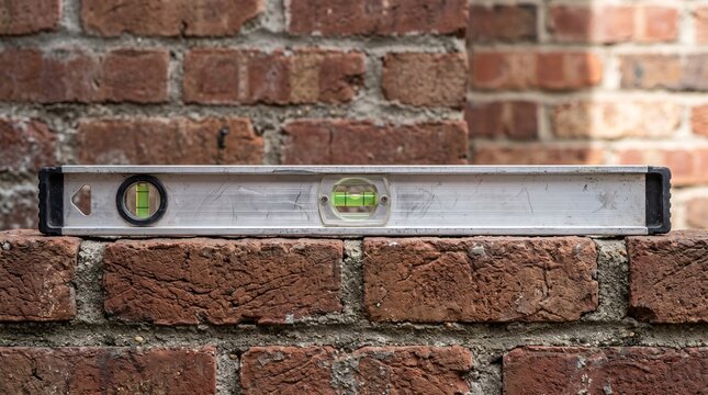 Professional metal spirit level tool placed on a textured red brick wall for horizontal alignment measurement in construction and masonry work.