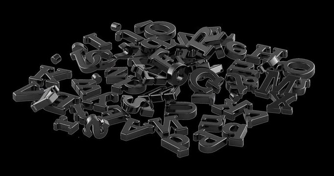 Black English alphabet letters heap, rotation animation seamlessly loopable. 3D rendering isolated on transparent background