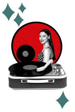 Trend template sketch design 3D photo collage of weekend nightclub entertainment party leisure young lady smile vinyl record play music