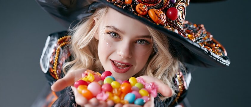 Cute child dressed as Halloween witch offering colorful candies to viewer