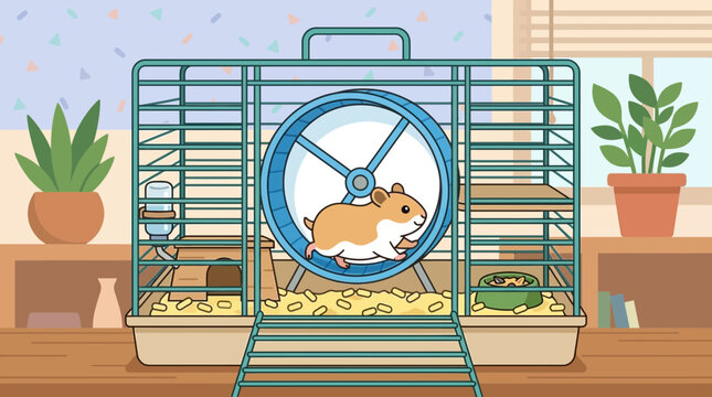 Cute hamster running on exercise wheel in cage vector