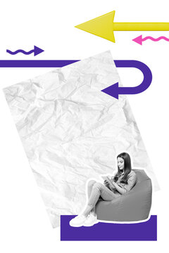 Vertical art creative trend collage of happy girl sit beanbag write notepad memo pencil arrow development paper sheet placard