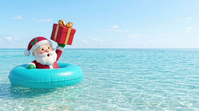 Santa floating in swim ring with gift above clear tropical ocean, cheerful holiday character enjoying bright summer water scene