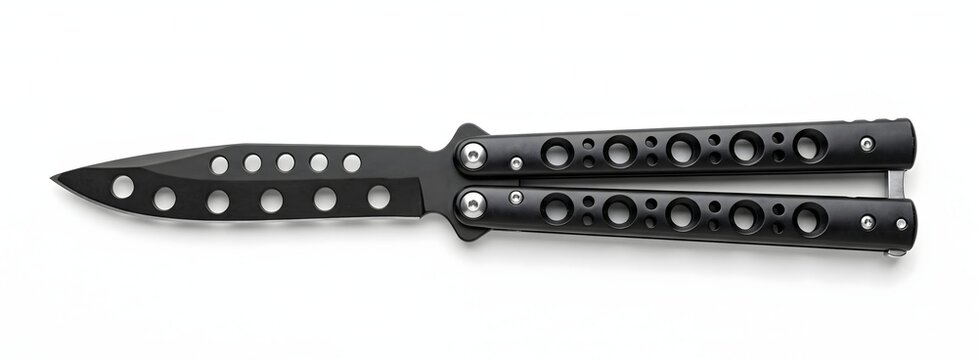 Tactical black butterfly knife with perforated blade for hobbyists.