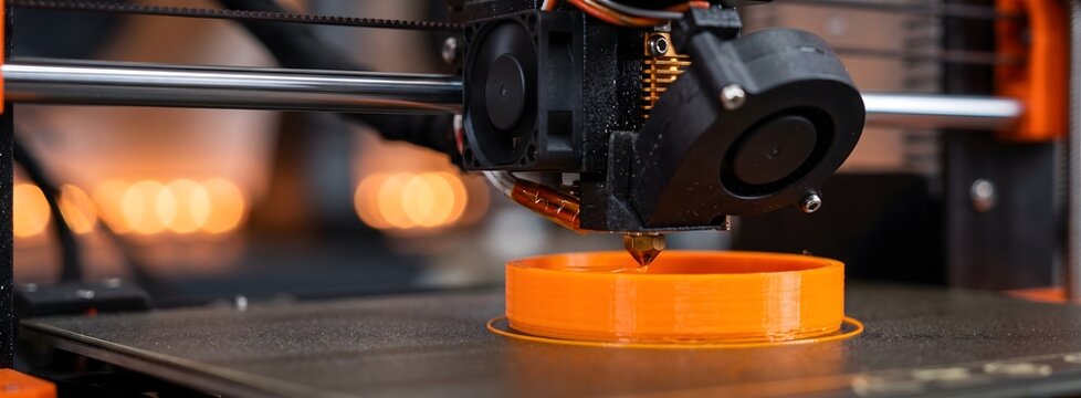 Automated 3d printer extruding molten plastic for small orange component.