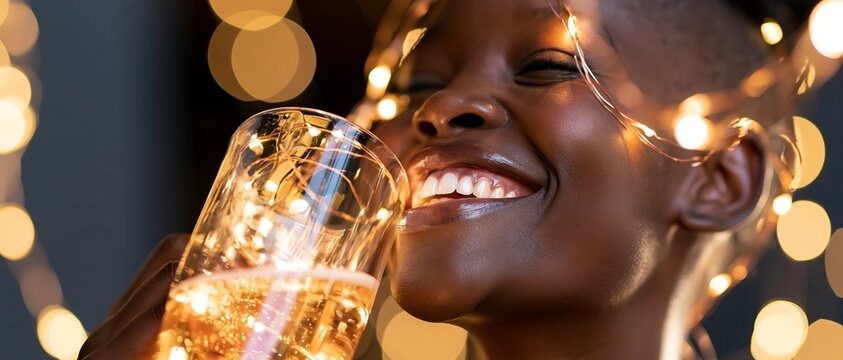 Happy woman celebrating with a glass of bubbly beverage against festive lights