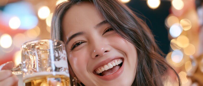 Happy woman enjoying drink with glowing background