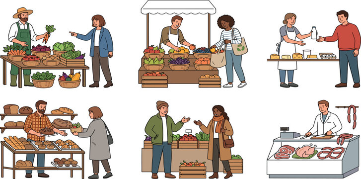 Local farmers market with vendor stalls selling fresh produce bakery and meat vector illustration set