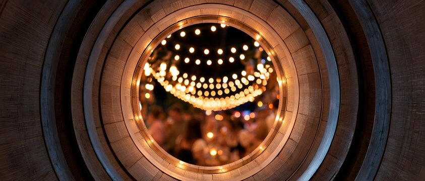 Looking through stone archway into softly lit festive space