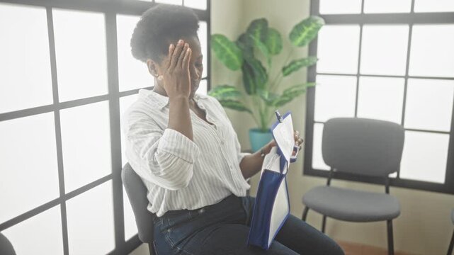 Woman sitting in a clinic building opening a blue binder clipboard with hands and scanning papers; concern patience.