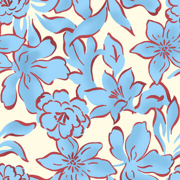 Connecting offwhite background with red and blue beautiful flower print pattern seamless floral 