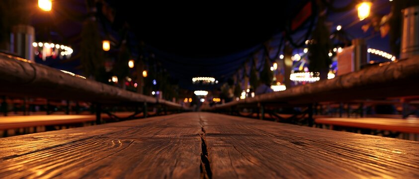 Night scene of wooden pedestrian bridge with warm ambient lighting