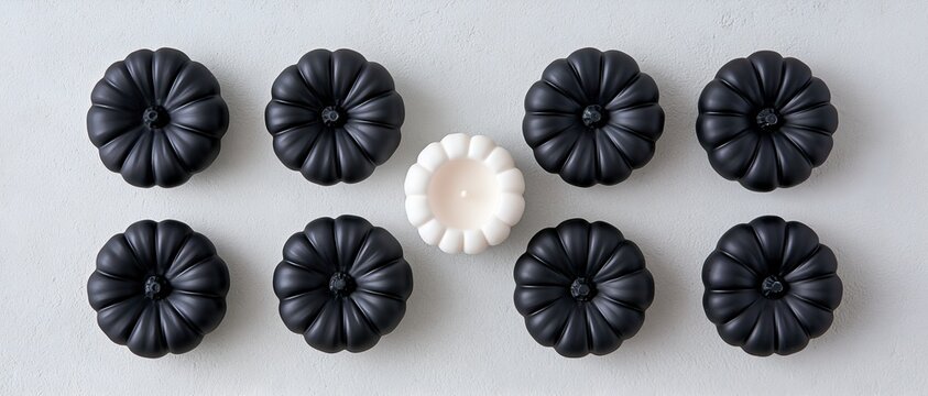Nine pumpkins, one white, eight black, arranged neatly on gray background