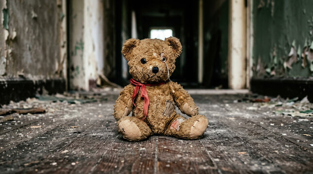 Worn brown teddy bear sitting on a wooden floor in a dilapidated hallway. Abandoned stuffed toy with a red ribbon in a ruined building. Lost childhood and forgotten memories concept