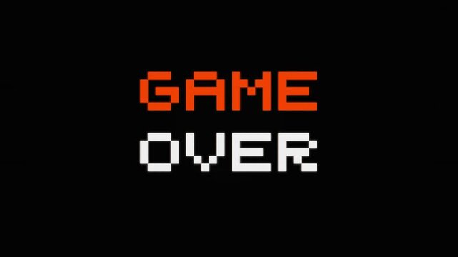 Retro pixel art Game Over screen, vintage 8-bit arcade gaming text, red and white digital typography on black background