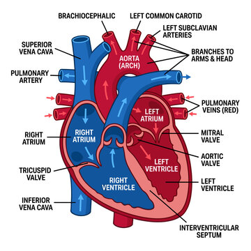Human heart anatomy chambers valves major vessels labeled aorta pulmonary artery