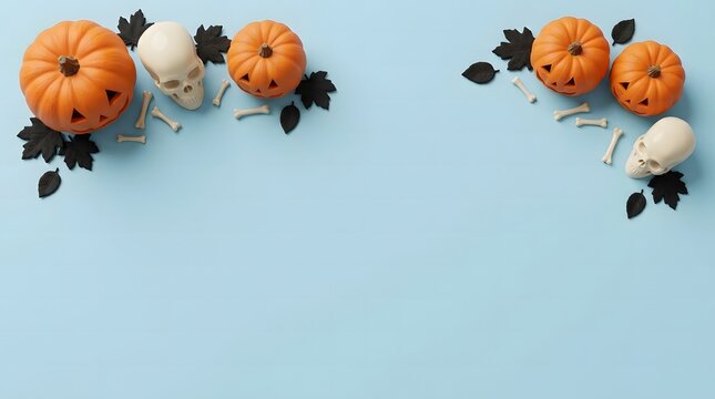 Jack o lanterns and realistic human skulls arranged as festive borders on a plain light blue background for holiday celebration