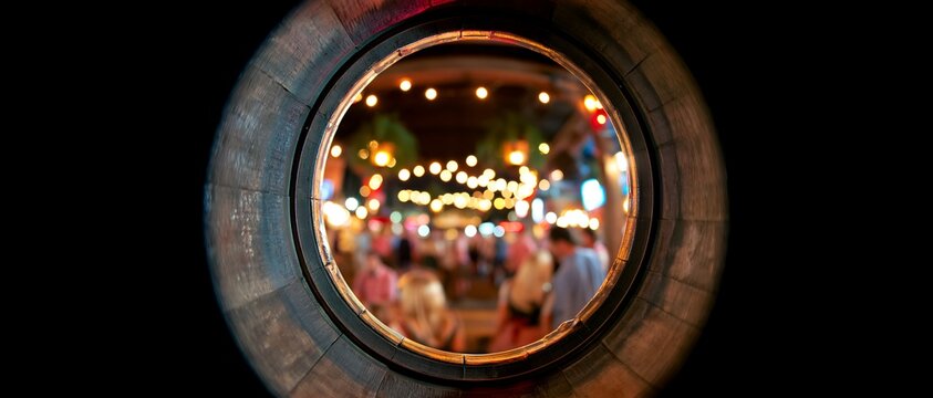 View through circular pipe looking at blurry festive crowd