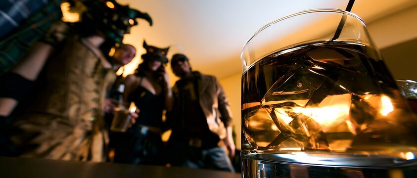 Whiskey glass with ice, blurred people in costumes behind, warm lighting