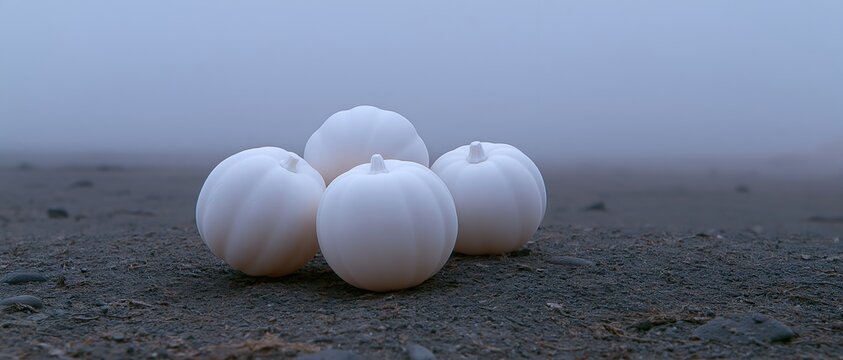 White pumpkins on sandy terrain with foggy backdrop