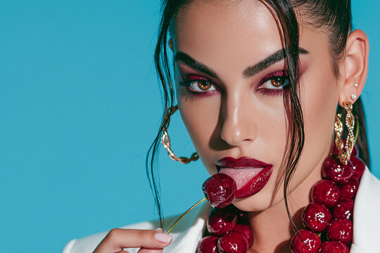 Stylish young woman holding red cherries with bright makeup and jewelry