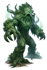 Fototapeta premium large creature with a body resembling trees and plants stands in a dense forest. Its eyes glow, and it has long, claw-like hands