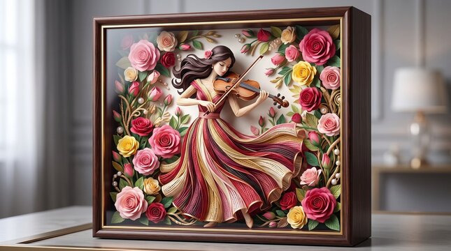 Paper quilling shadow box of a woman playing the violin, surrounded by a lush arrangement of red, pink, and yellow paper roses and leaves