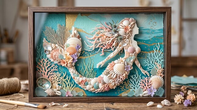 Three dimensional paper craft shadow box of a mermaid with a tail made of seashells and coral, swimming in a deep blue ocean environment