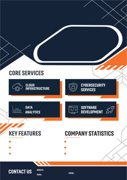 Professional corporate business brochure template with abstract geometric design and sections for services and company statistics