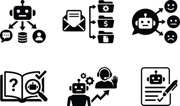 Set of black and white icons representing artificial intelligence automation and digital business workflow process solutions