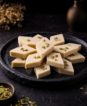 Delicious diamondshaped Indian sweets topped with green pistachios arranged on a dark plate