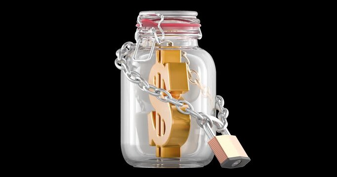 Locked savings jar with dollar symbol inside rotation animation seamlessly loopable. 3D rendering isolated on transparent background