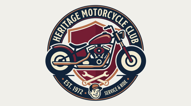 Vintage Heritage Motorcycle Club Emblem with Retro Chopper Bike, Shield and Wrenches, Est 1972