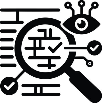 Black and white icon representing data analysis and digital inspection with magnifying glass and eye symbol