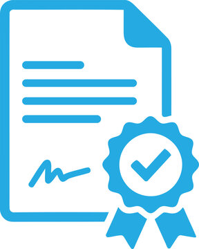 Blue icon of a certified document with a signature and a quality seal with a check mark