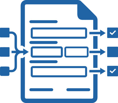 Data processing flow chart showing information input into a digital document and verified output results icon