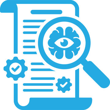 Blue icon of a document with a magnifying glass examining a brain and checkmark verification symbols