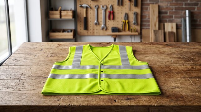 High visibility fluorescent yellow safety vest with reflective silver stripes lying on a wooden workbench in a professional industrial workshop setting