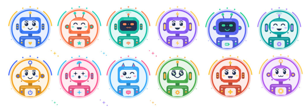 Cute robot mascots in colorful circular badges arranged as a cheerful icon collection.