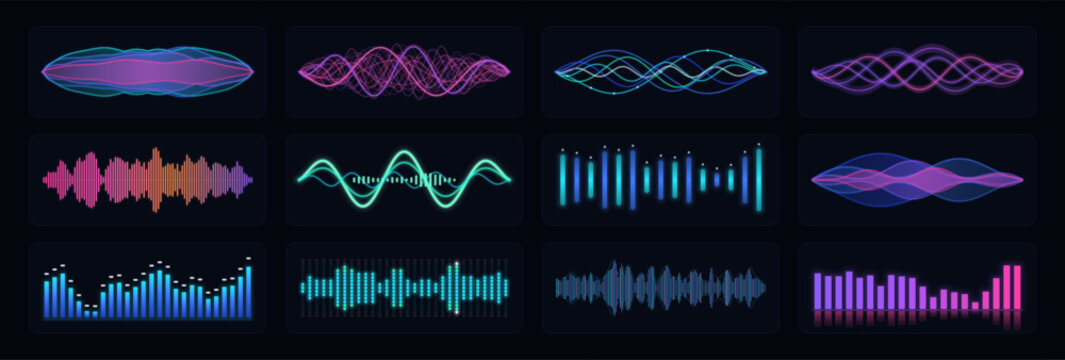 Neon audio waveform and equalizer visualizations arranged in colorful panels on a dark background.