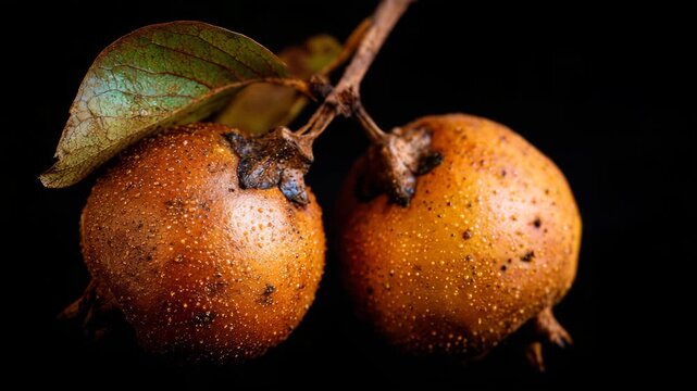 Closeup focused medlar fruit with rough surface isolated on black background studio lighting sharp texture clarity and clean silhouette