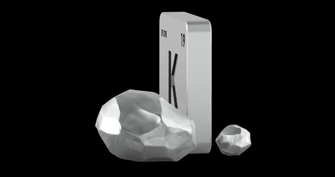 Potassium chemical element with K samples rotation animation seamlessly loopable. 3D rendering isolated on transparent background