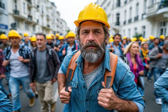 A group of workers walks through city streets wearing yellow hard hats. They show solidarity and support for worker rights and safety. The scene takes place in an urban area