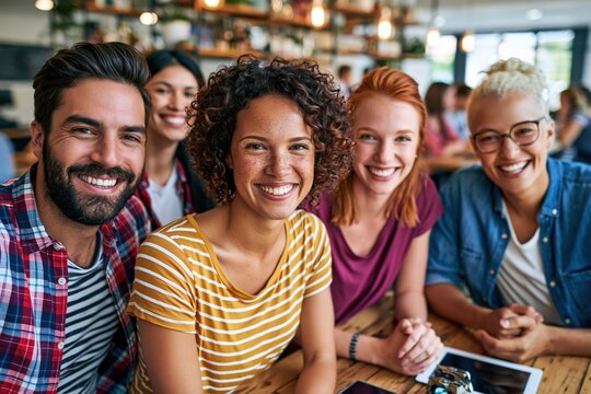 A group of six friends smiles and poses for a picture at a cafe. They sit around a wooden table filled with drinks and snacks. The cafe has a friendly vibe with bright lights